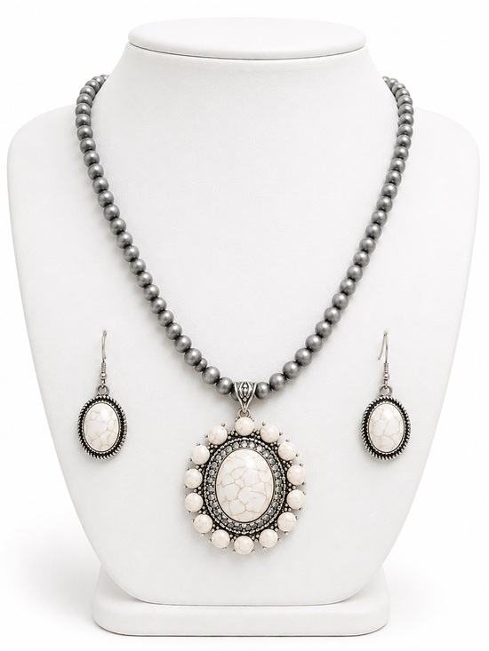 Jewelry - Western White Stone Pendant Necklace and Earring set- Women's Jewelry